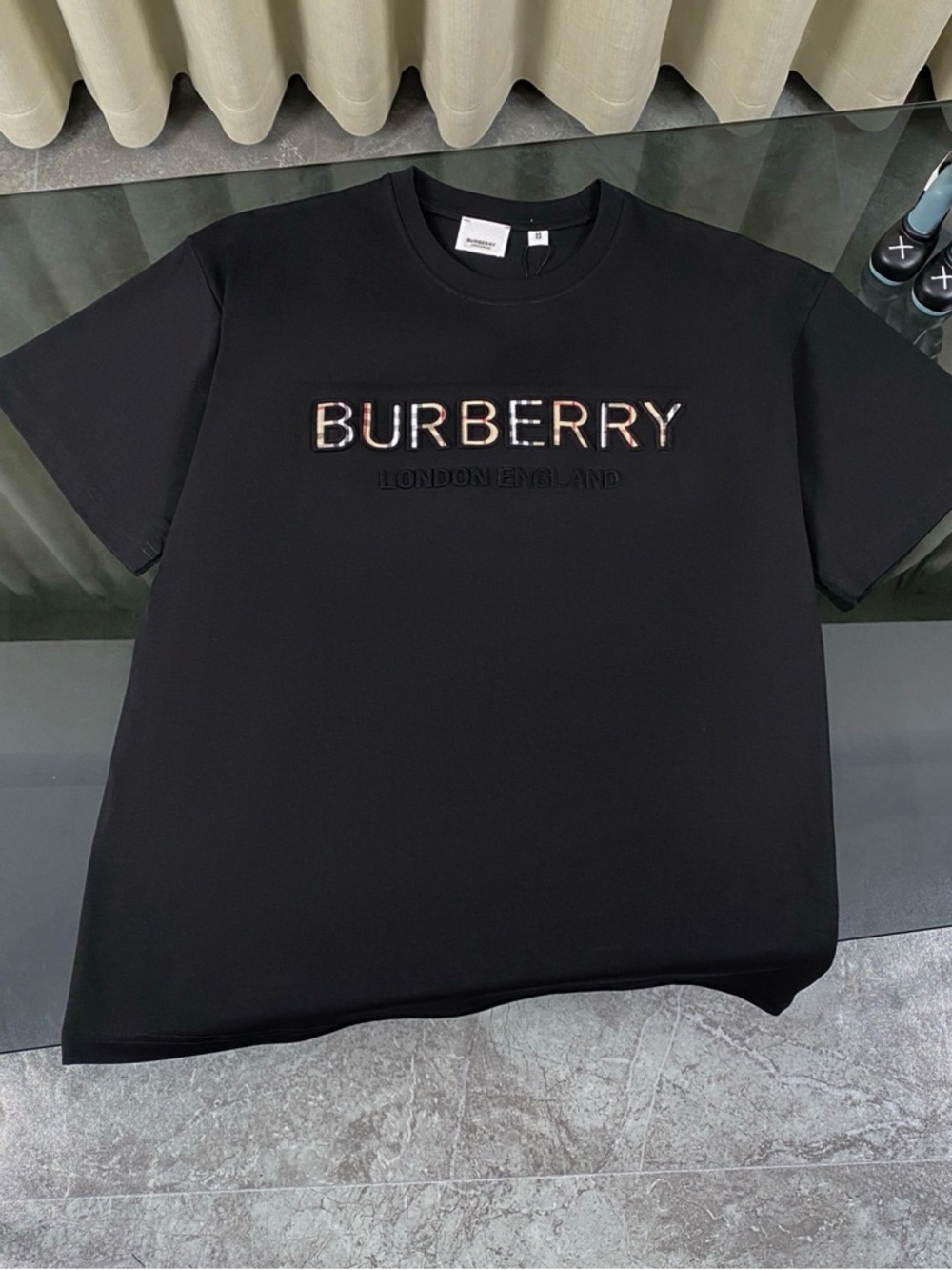 Burberry Black Tee with Plaid-Patterned Logo